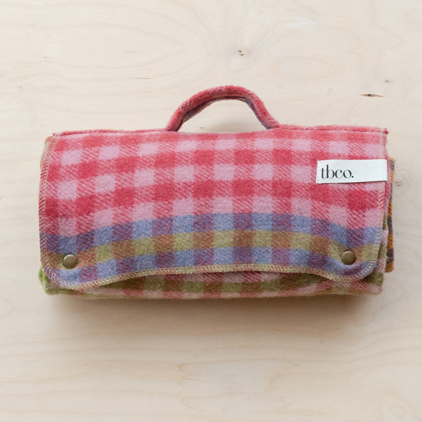 Recycled Wool Small Picnic Blanket in Lime Block Micro Gingham