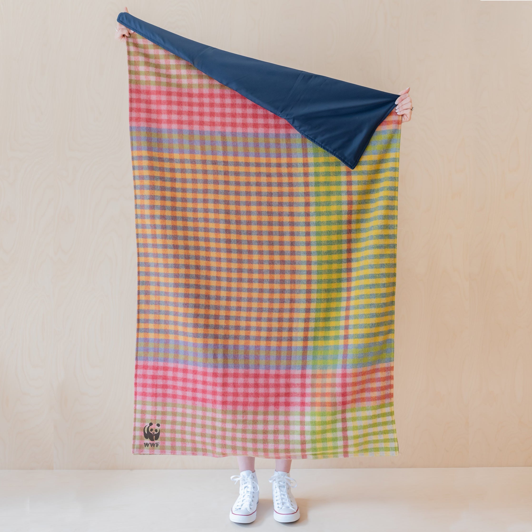Recycled Wool Small Picnic Blanket in Lime Block Micro Gingham